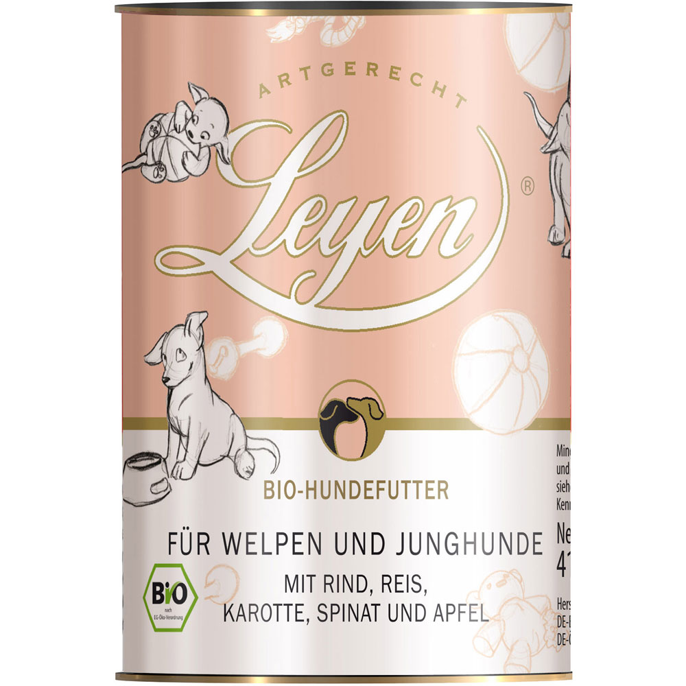Bio Welpenfutter Rind, Reis, Karotten, Spinat u. Apfel 410 g  Leyen - Bild 1